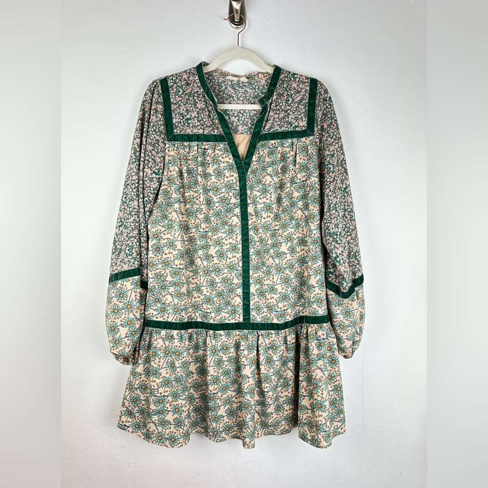 Entro Green Floral Velvet Peasant Dress Women’s Size M